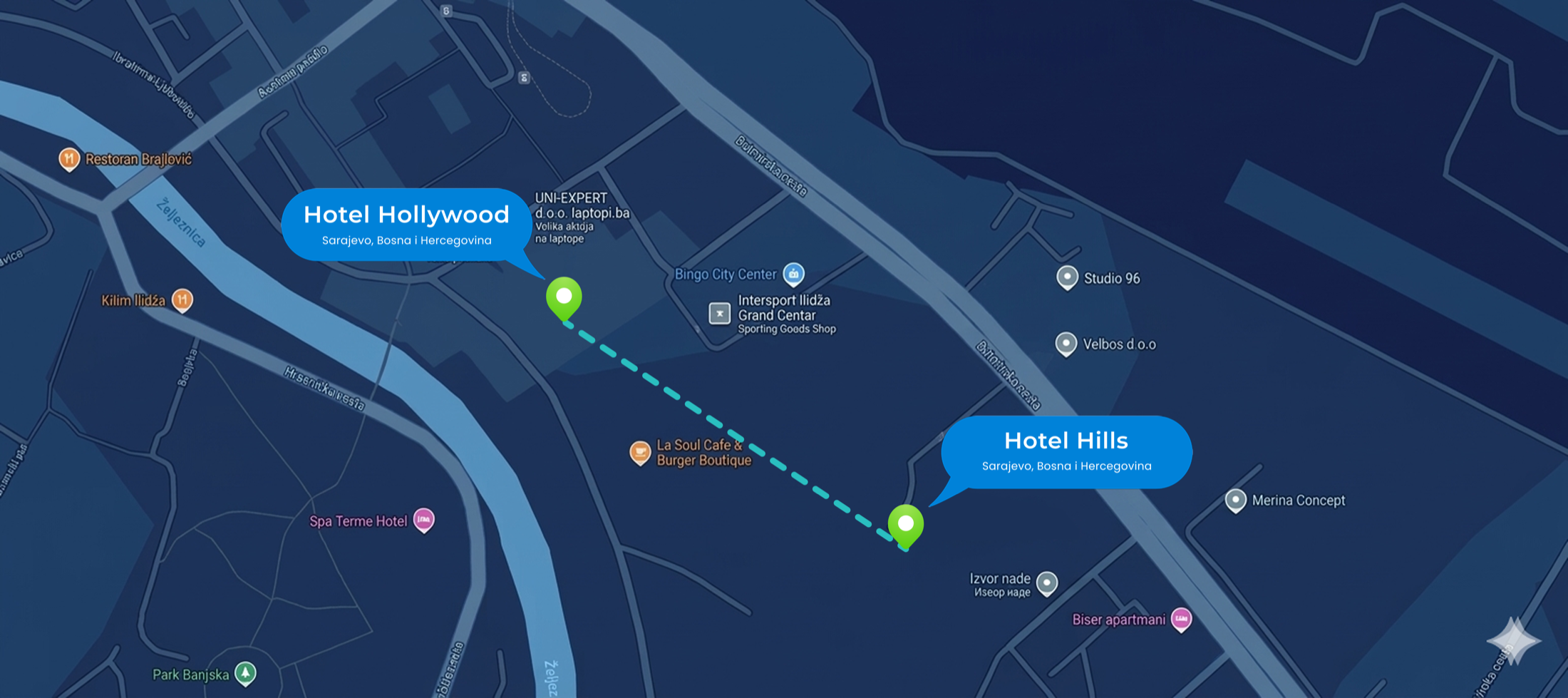 Map showing Hotel Hollywood accommodation and Hotel Hills symposium venue in Ilidža, Sarajevo